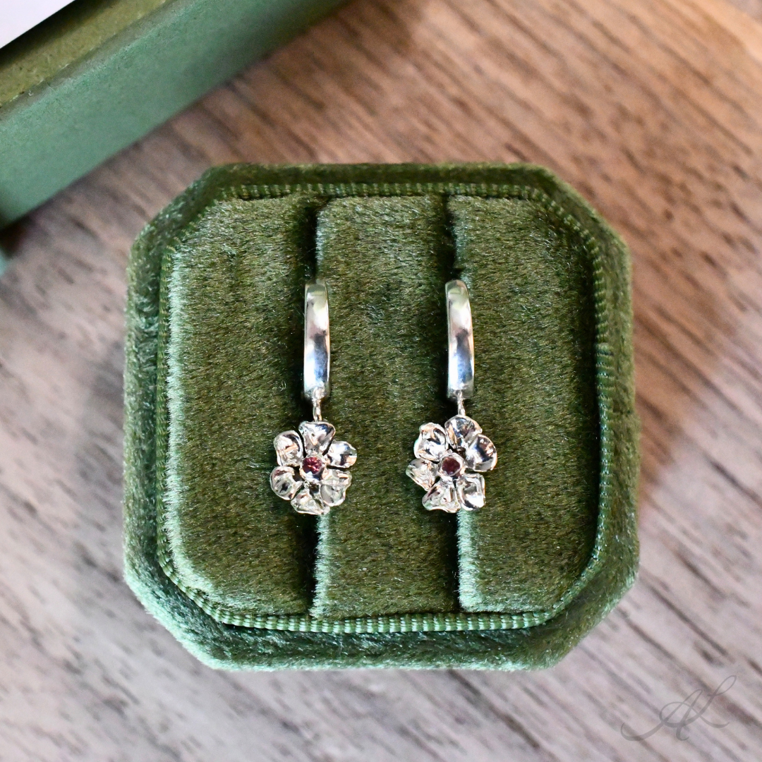 Sparkling Geranium Hoop Earrings, pink sapphire product shoot